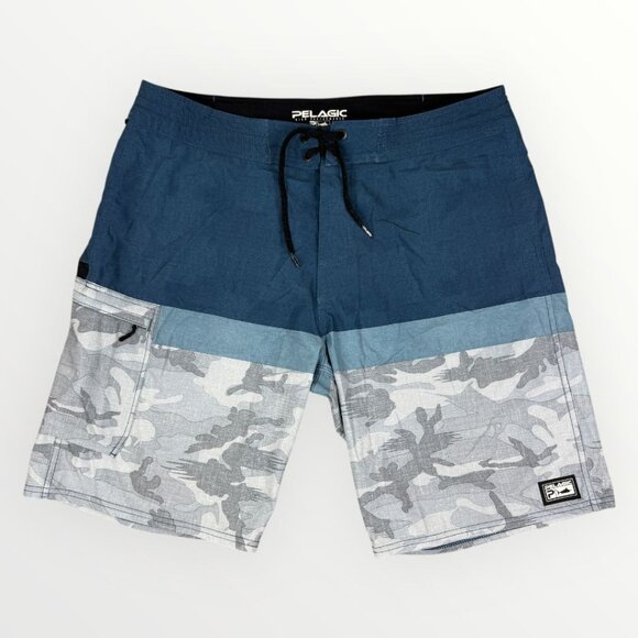 Pelagic High Performance Board Shorts Cargo Pocket Blue Camo Stretch Swim Trunks - Picture 1 of 11